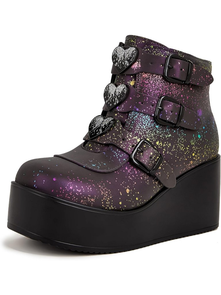Women's Navy Reflec Solid Party Lace Up Wedge Heel Round Toe Chunky Ankle Boots
